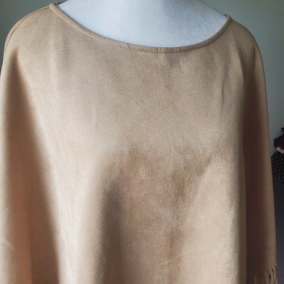 Southwestern Fall Poncho Women's Size XL Fringed Trim Neutral Faux Suede Boho - Picture 6 of 13